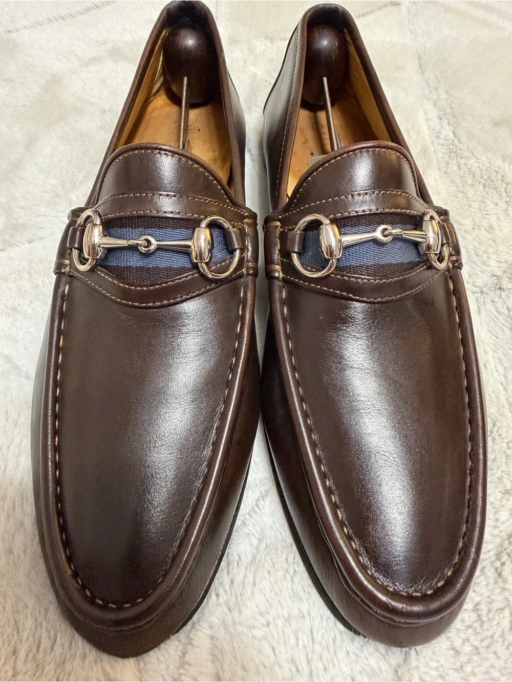 $1,050 Gucci Brown Leather Webbed Horse-Bit Snaffle Loafers 9 D